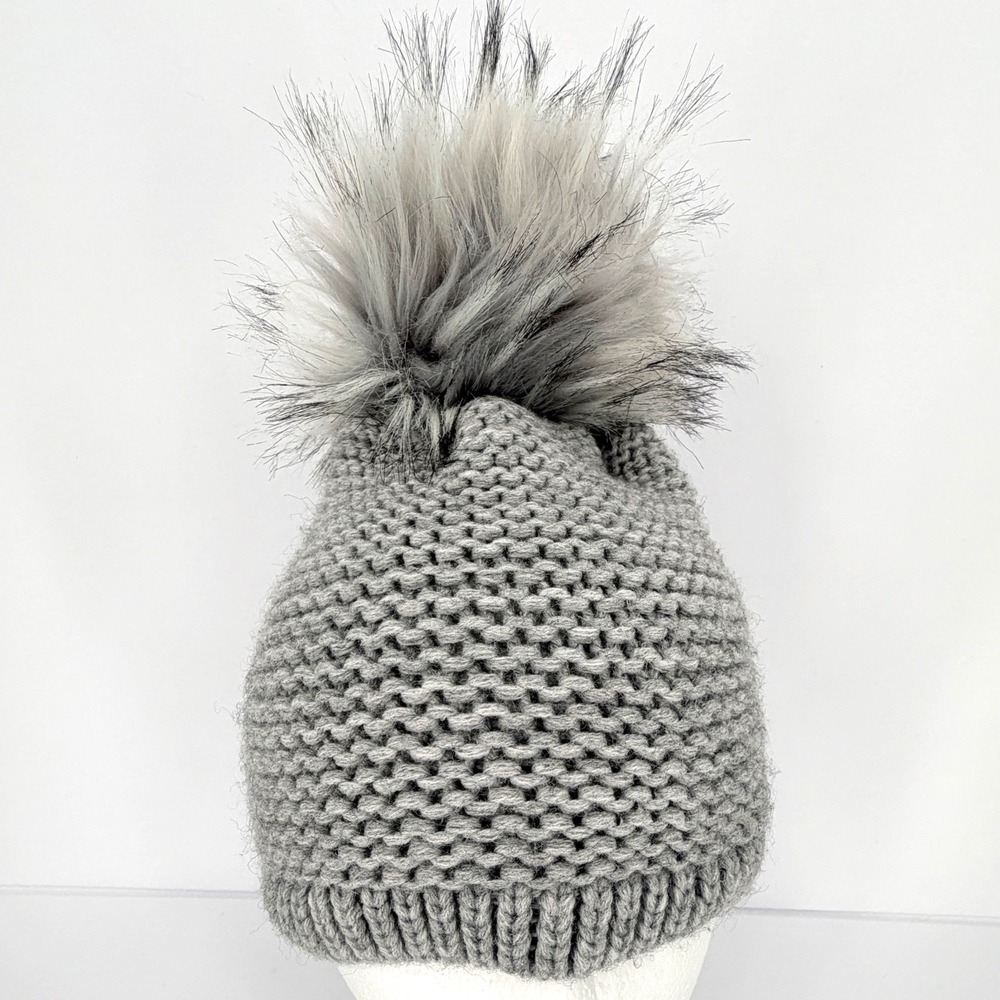 Kyi Kyi gray knit beanie faux fur pom pom wool blend fleece lined winter hat